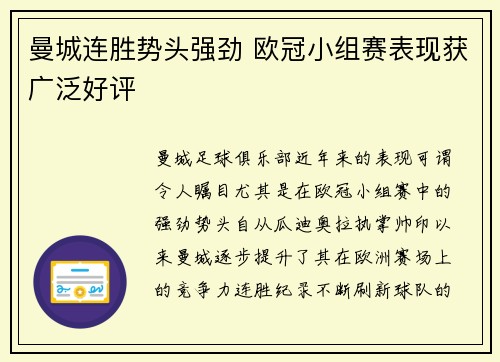 曼城连胜势头强劲 欧冠小组赛表现获广泛好评