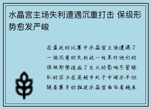 水晶宫主场失利遭遇沉重打击 保级形势愈发严峻