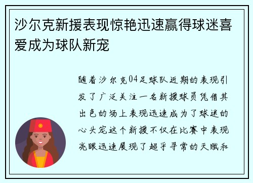 沙尔克新援表现惊艳迅速赢得球迷喜爱成为球队新宠