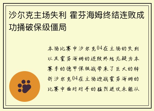 沙尔克主场失利 霍芬海姆终结连败成功捅破保级僵局