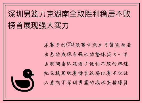 深圳男篮力克湖南全取胜利稳居不败榜首展现强大实力