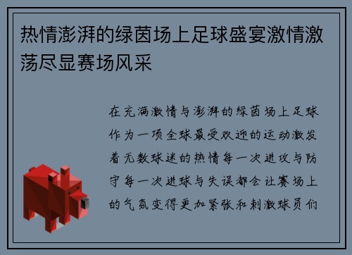 热情澎湃的绿茵场上足球盛宴激情激荡尽显赛场风采