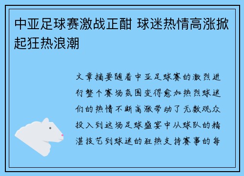 中亚足球赛激战正酣 球迷热情高涨掀起狂热浪潮
