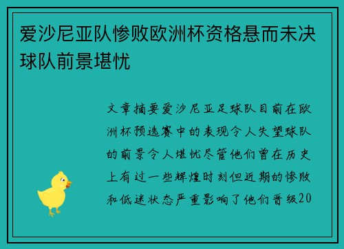 爱沙尼亚队惨败欧洲杯资格悬而未决球队前景堪忧