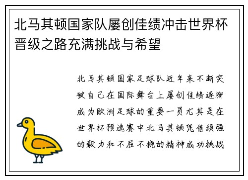 北马其顿国家队屡创佳绩冲击世界杯晋级之路充满挑战与希望